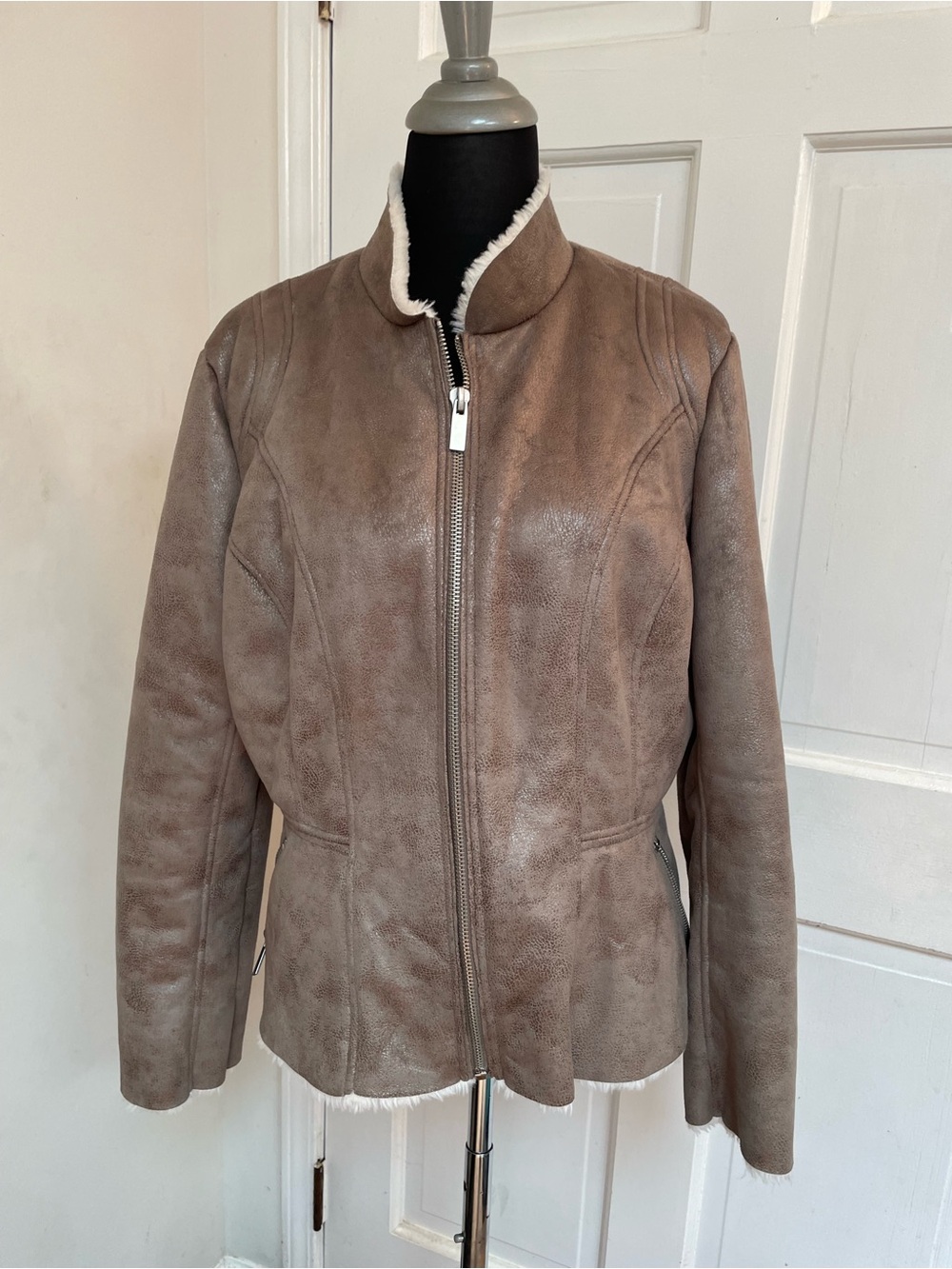 New York & Company Taupe Faux-Shearling Zip Jacket